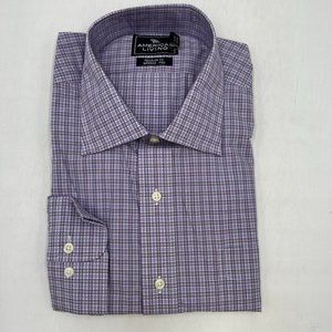 American Living Wrinkle Free Button Up Dress Shirt Purple & White Plaid 17 32/33